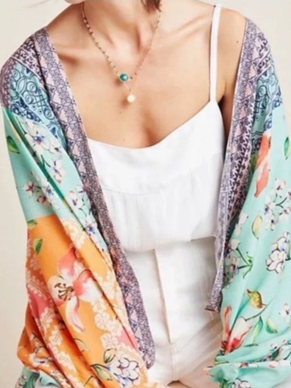 Anthropologie Mint & Peach Patchwork Open Kimono